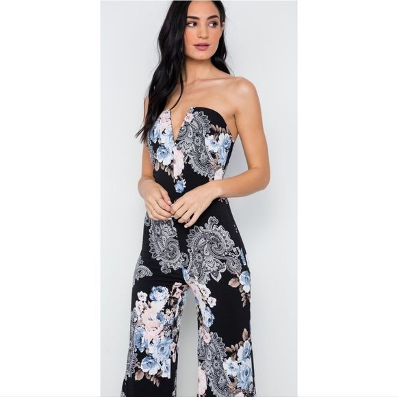 Black Floral Strapless Jumpsuit - Picture 7 of 8
